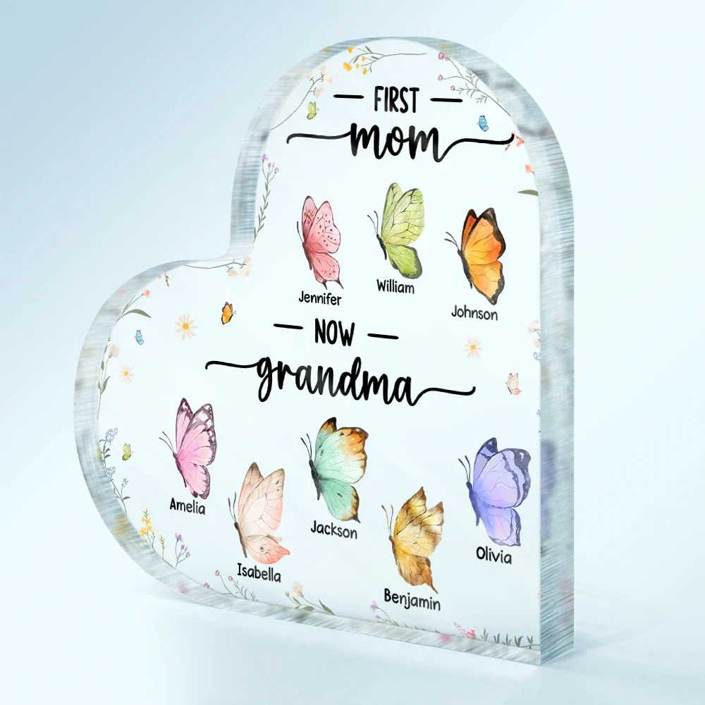 First Mom Now Grandma Butterfly - Personalized Heart Shaped Acrylic Plaque - Image 2