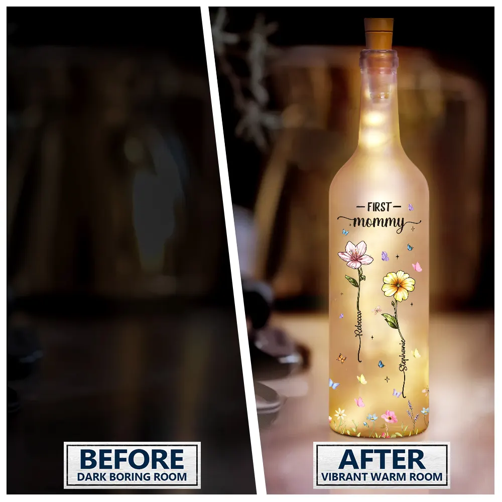 First Mom Now Grandma Glass Effect Birth Flower - Personalized Bottle Light - Image 2