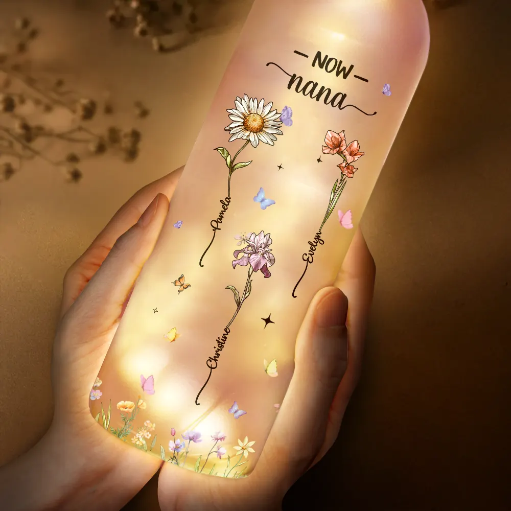 First Mom Now Grandma Glass Effect Birth Flower - Personalized Bottle Light - Image 3