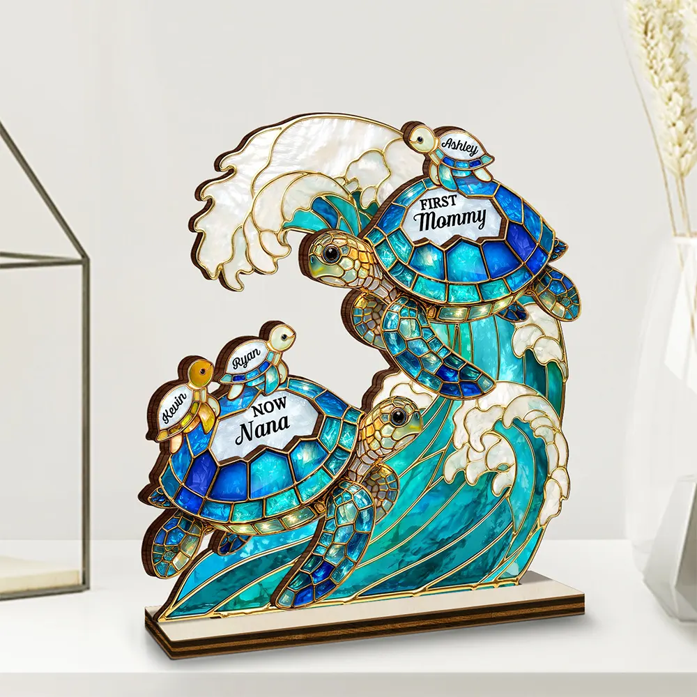 First Mom Now Grandma Stained Glass Turtle - Personalized Custom Shaped Wooden Plaque - Image 2
