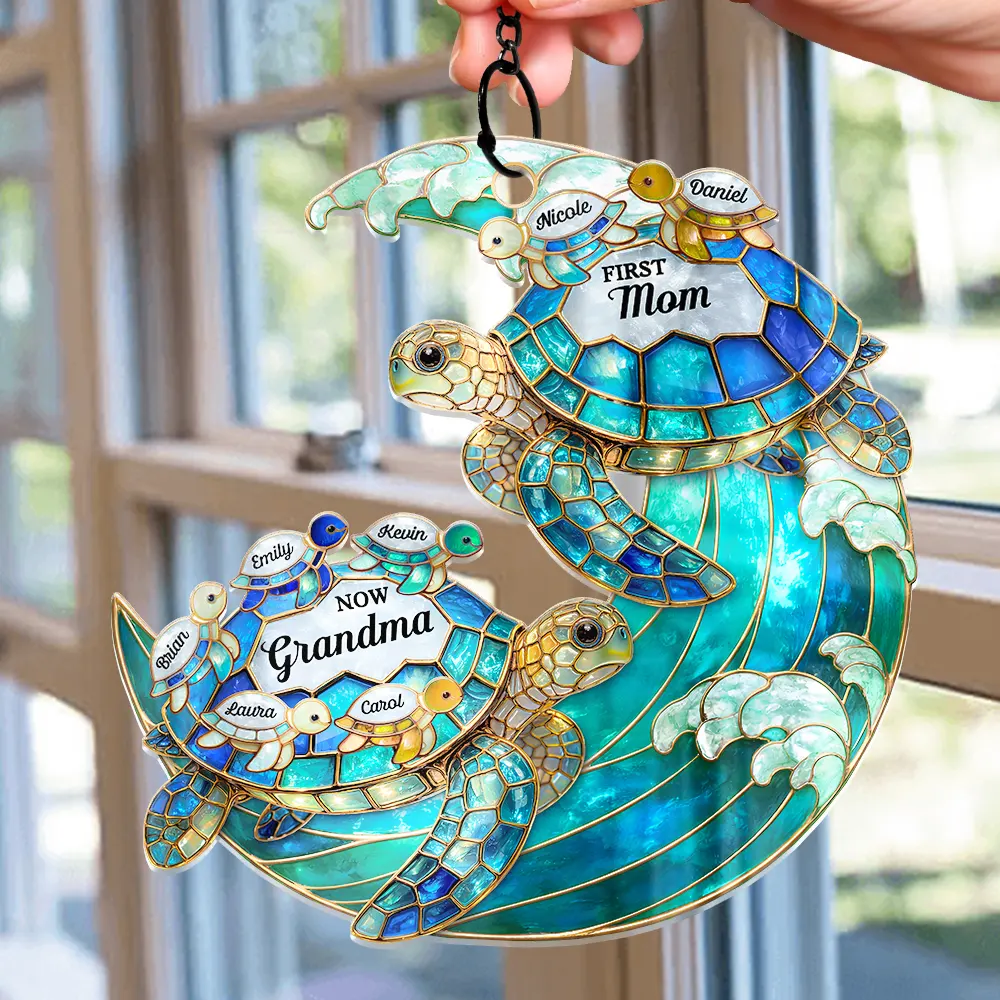 First Mom Now Grandma Stained Glass Turtle - Personalized Window Hanging Suncatcher Ornament - Image 2