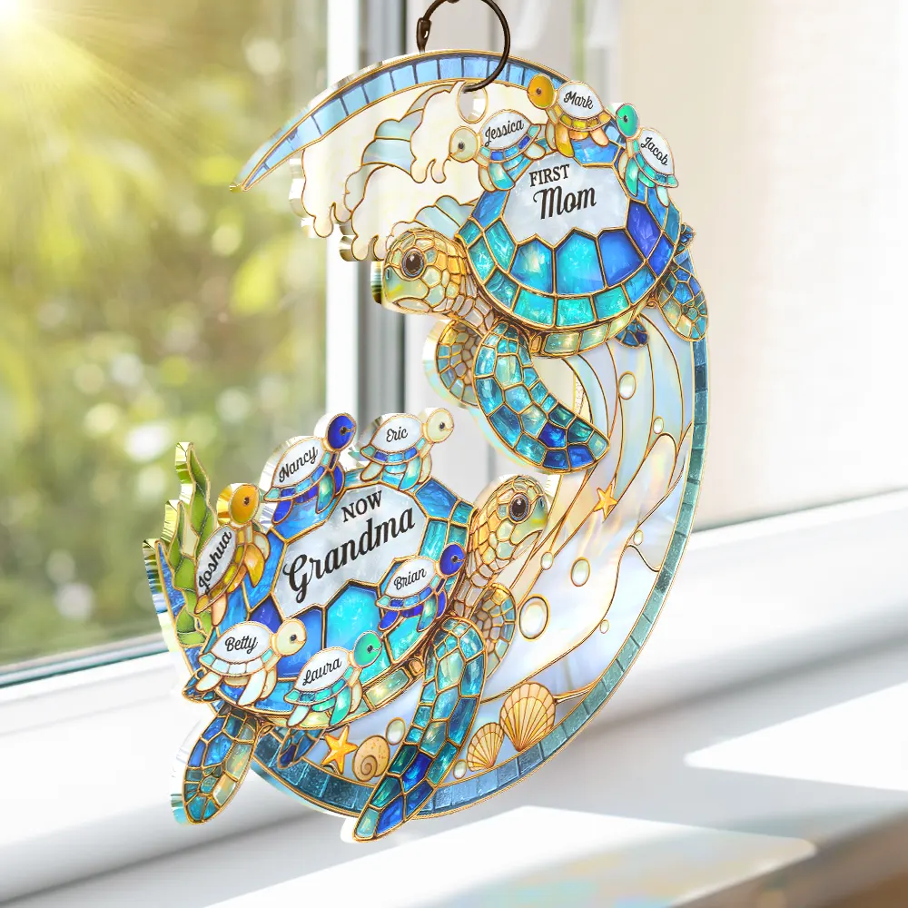 First Mom Now Grandma Stained Glass Turtle - Personalized Window Hanging Suncatcher Ornament - Image 3