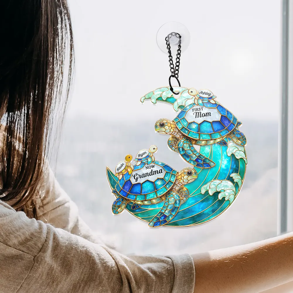 First Mom Now Grandma Stained Glass Turtle - Personalized Window Hanging Suncatcher Ornament - Image 4