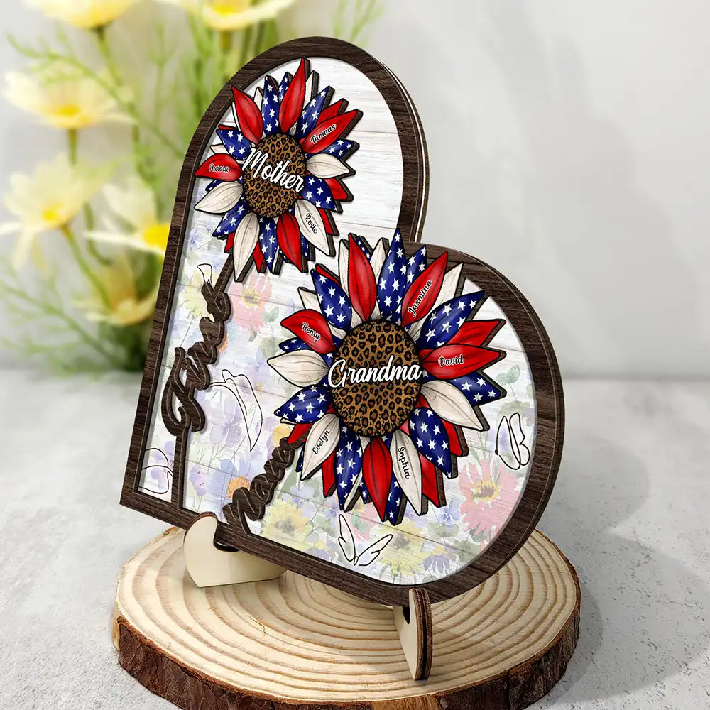 First Mom Now Grandma Sunflower America - Personalized 2-Layered Wooden Plaque With Stand - Image 2