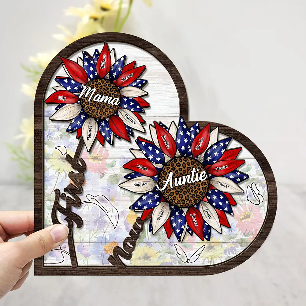 First Mom Now Grandma Sunflower America - Personalized 2-Layered Wooden Plaque With Stand - Image 3
