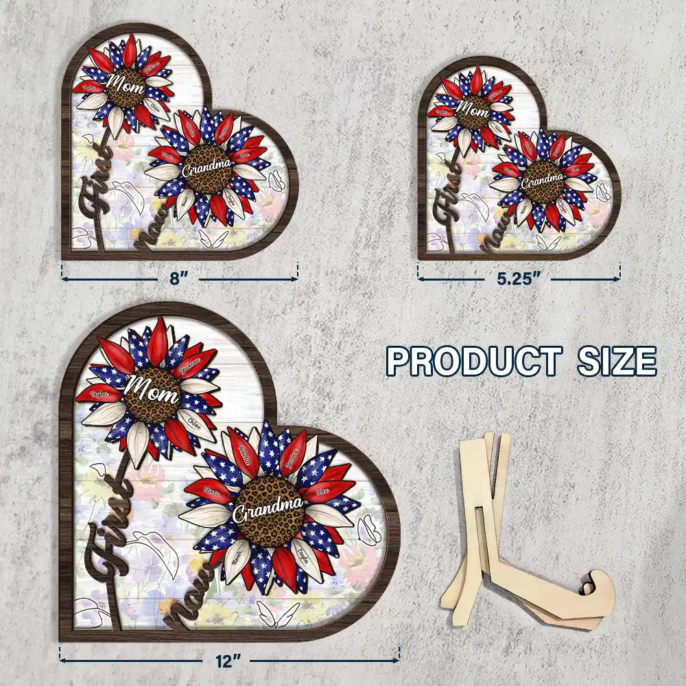 First Mom Now Grandma Sunflower America - Personalized 2-Layered Wooden Plaque With Stand - Image 4