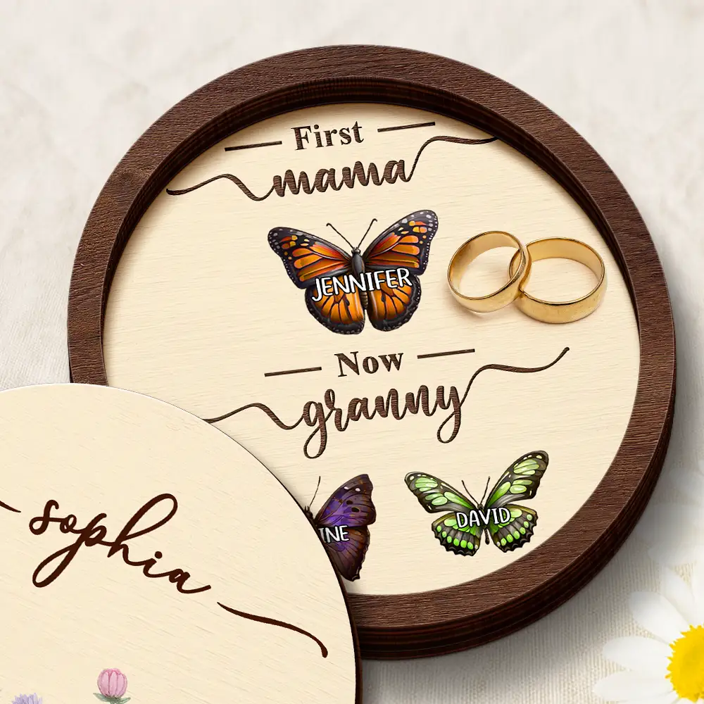 First Mom Now Grandma Watercolor Flower - Personalized 2-Layered Wooden Ring Dish - Image 2