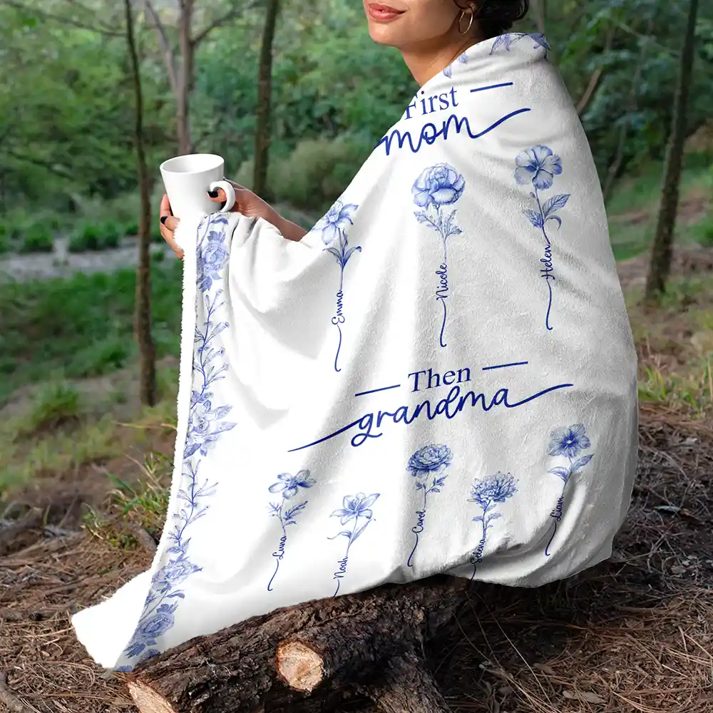 First Mom Then Grandma Birth Month Flower Chinoiserie Toile - Personalized Fleece Blanket, Sherpa Blanket - Image 5