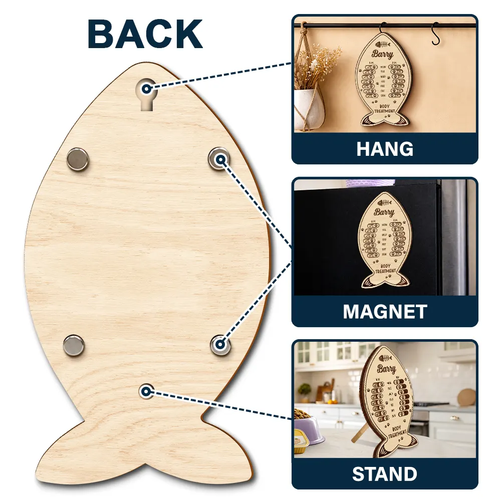 Fish Bone Shaped Feeding And Medication Tracker - Personalized Wooden Pet Feeding Reminder - Image 3