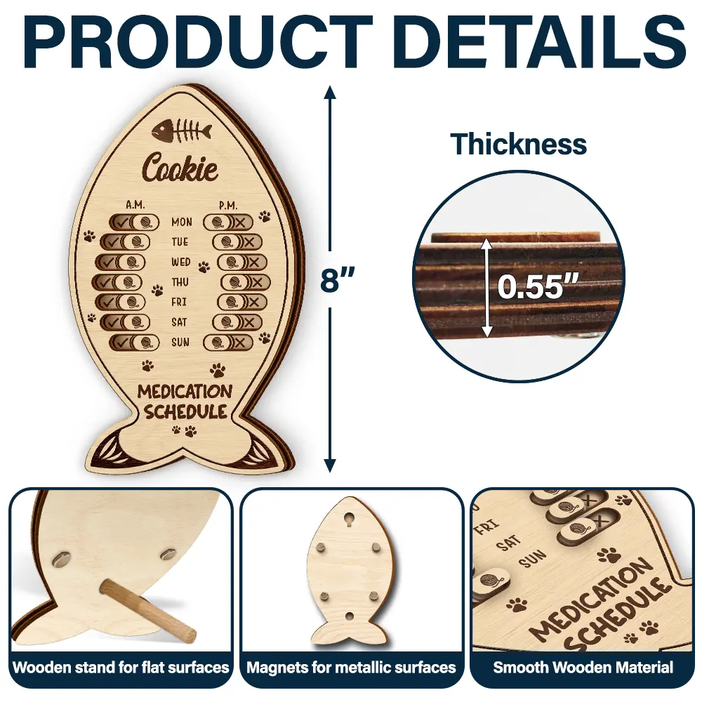 Fish Bone Shaped Feeding And Medication Tracker - Personalized Wooden Pet Feeding Reminder - Image 5