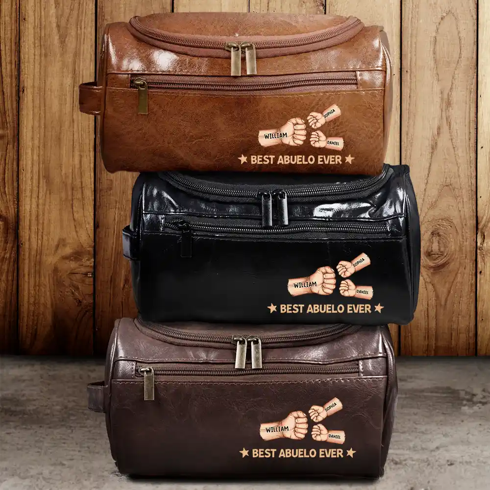 Fist Bump Best Dad Grandpa Papa Ever - Personalized Leather Toiletry Bag - Image 2