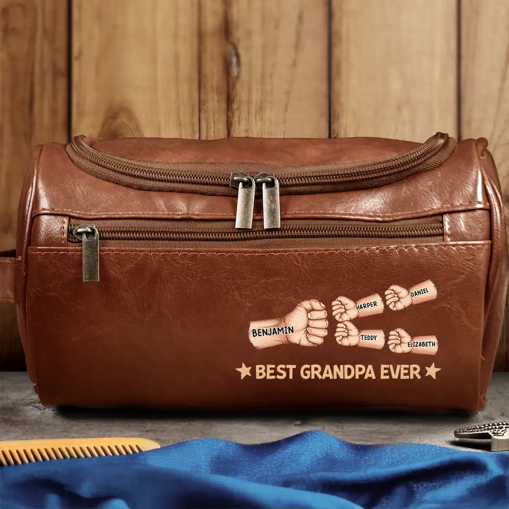 Fist Bump Best Dad Grandpa Papa Ever - Personalized Leather Toiletry Bag - Image 3