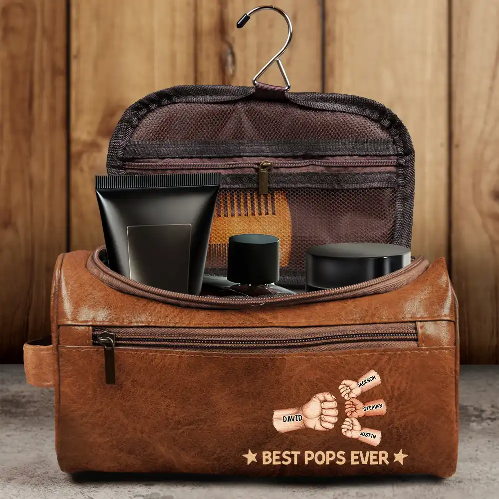 Fist Bump Best Dad Grandpa Papa Ever - Personalized Leather Toiletry Bag - Image 4