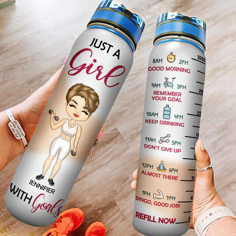 Fitness Girl With Goals - Gift For Gymer - Personalized Custom Water Tracker Bottle - Image 3