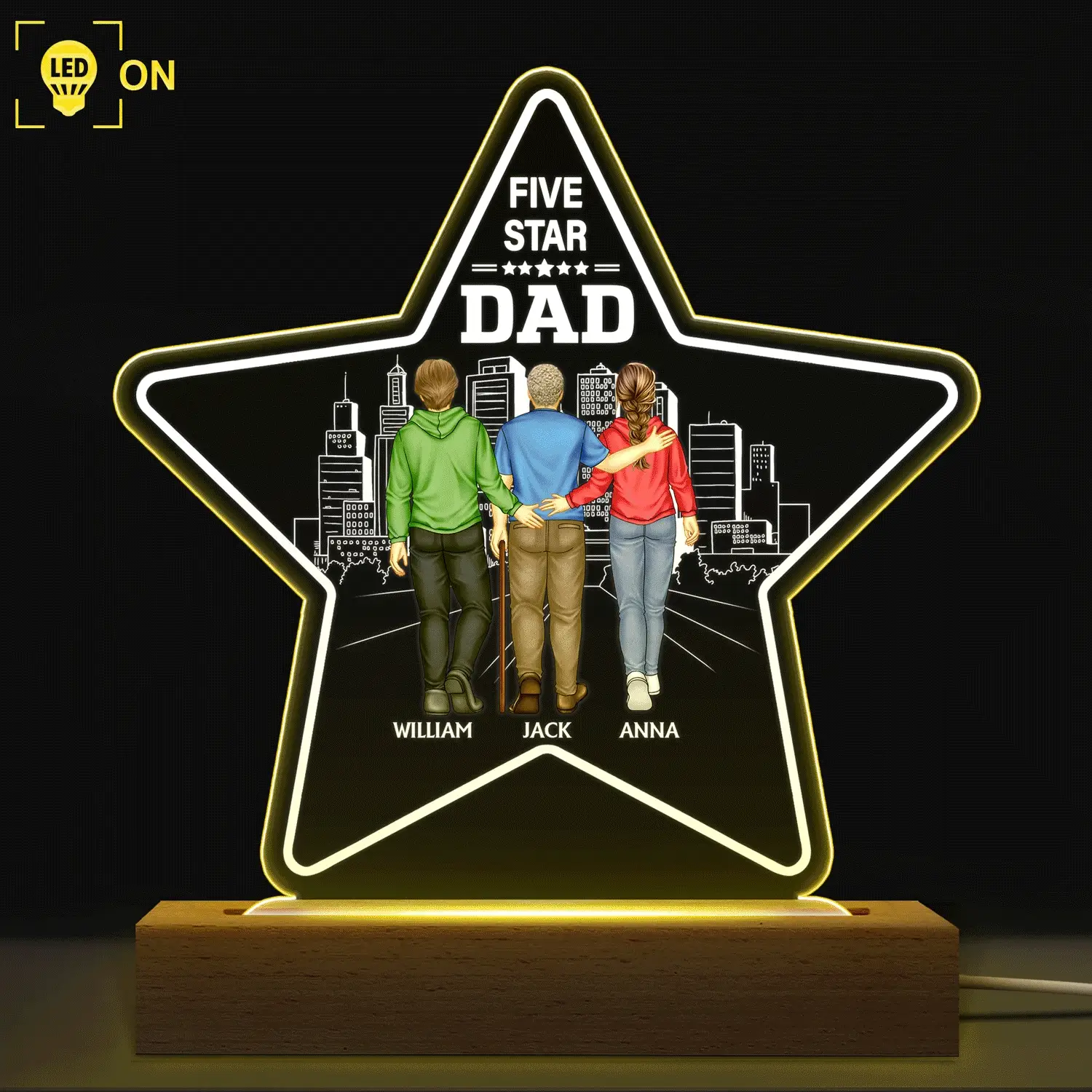 Five - Star Dad - Gift For Fathers - Personalized 3D Led Light Wooden Base - Image 2