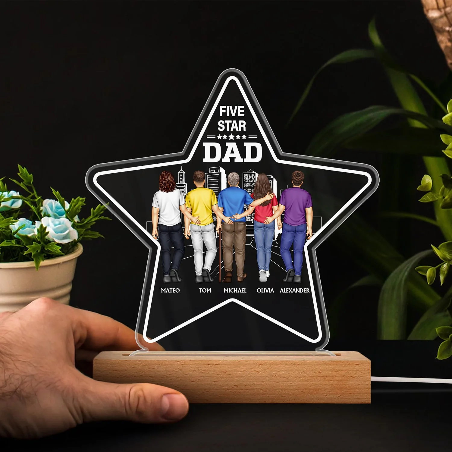 Five - Star Dad - Gift For Fathers - Personalized 3D Led Light Wooden Base - Image 4