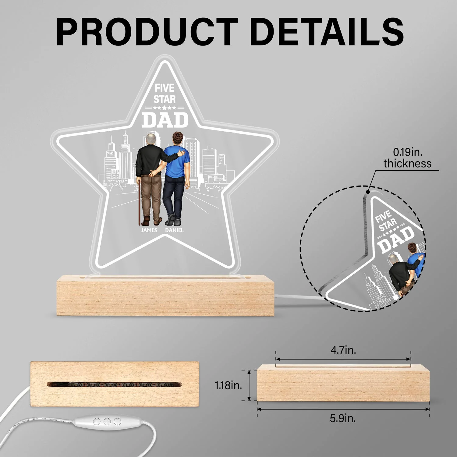 Five - Star Dad - Gift For Fathers - Personalized 3D Led Light Wooden Base - Image 5