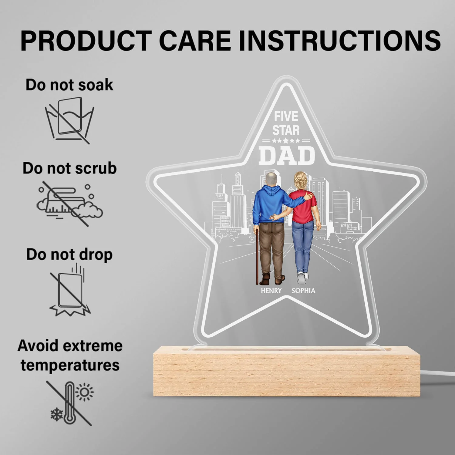 Five - Star Dad - Gift For Fathers - Personalized 3D Led Light Wooden Base - Image 6