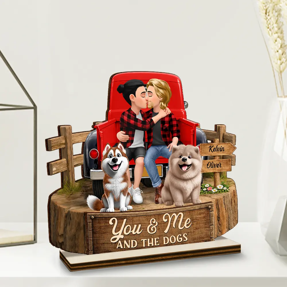 Flannel Couple You & Me And The Dogs - Personalized Custom Shaped Wooden Plaque - Image 2