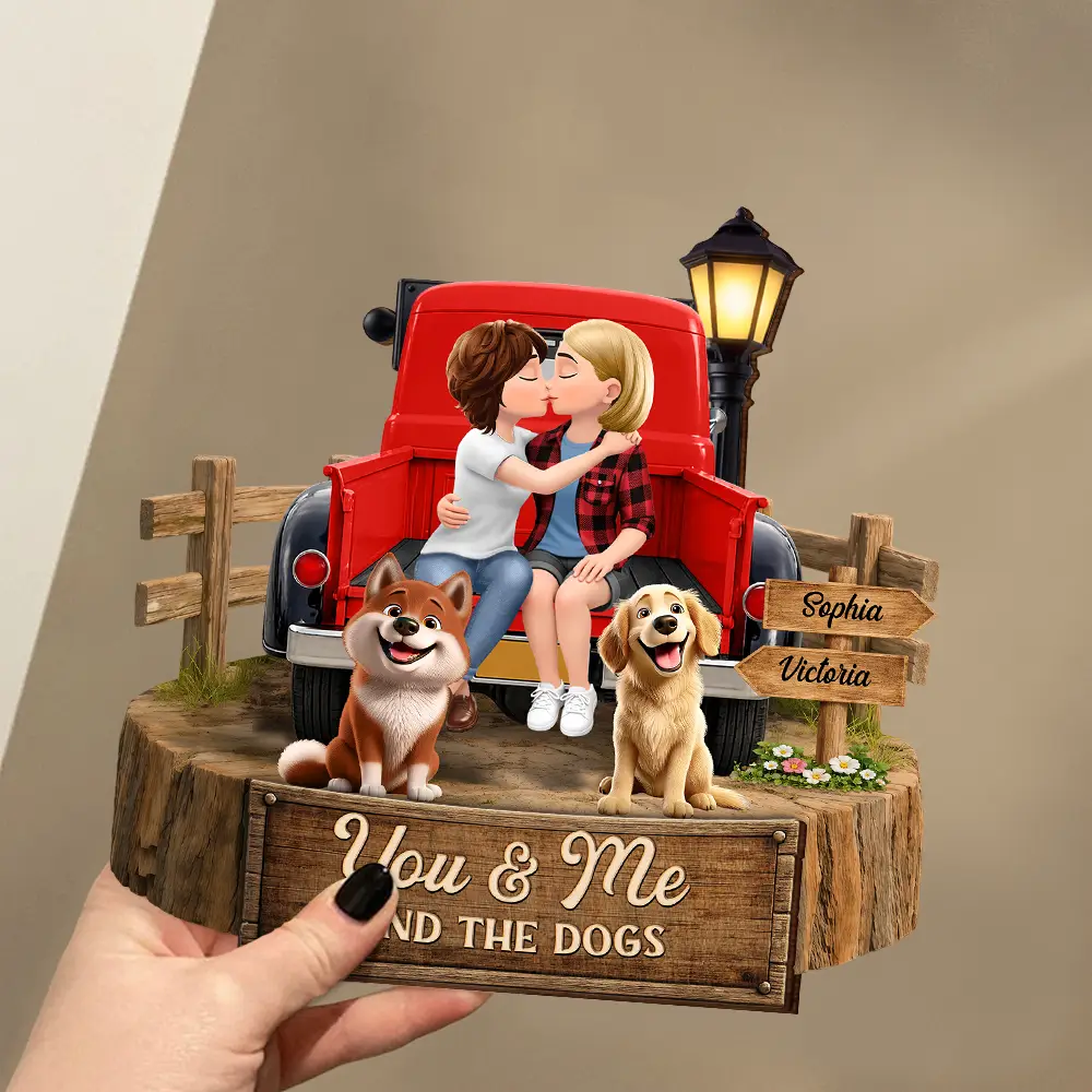 Flannel Couple You & Me And The Dogs - Personalized Custom Shaped Wooden Plaque - Image 3