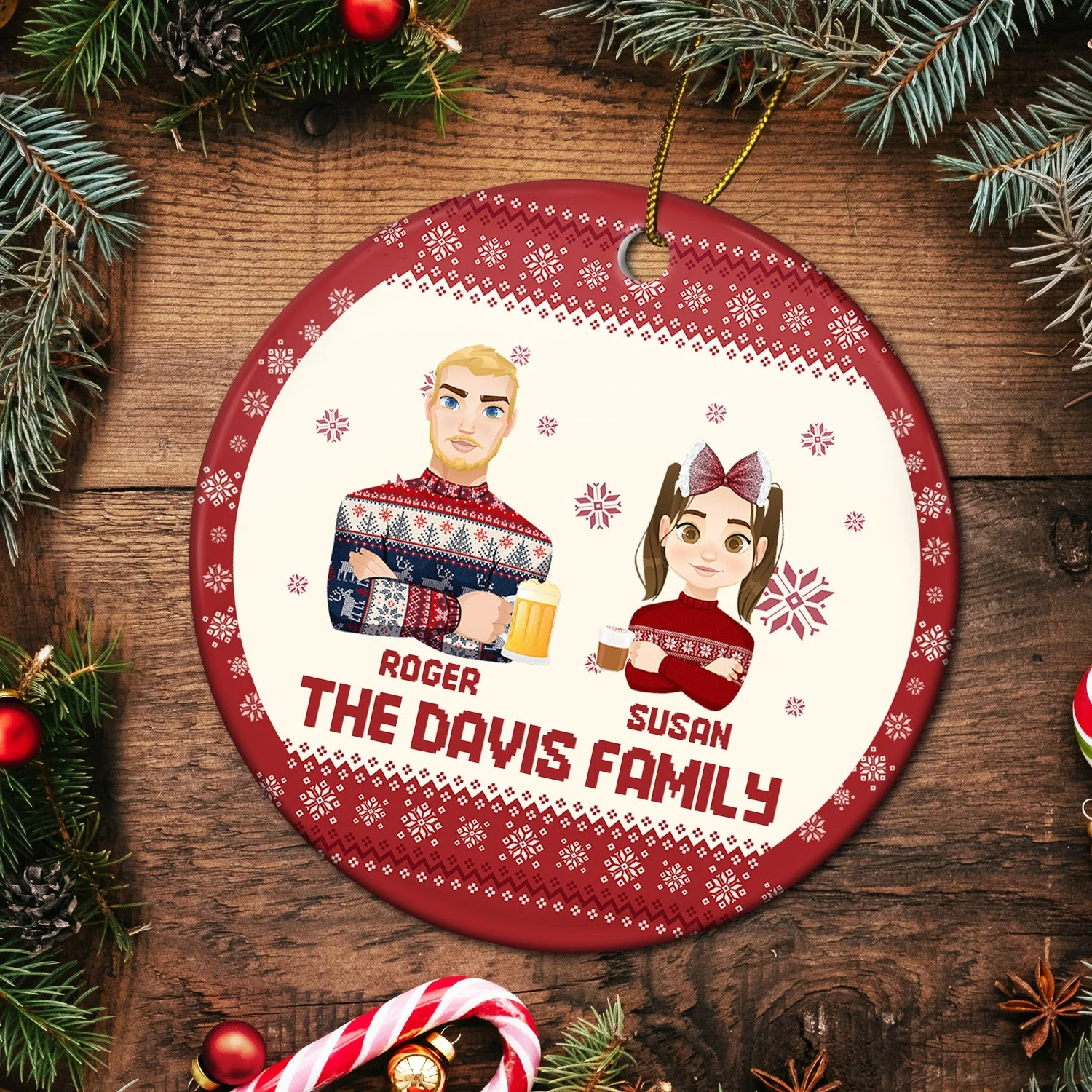 Flat Art - Christmas, Funny Gift For Family, Couple, Dad, Mom, Grandpa, Grandma - Personalized Circle Ceramic Ornament - Image 5