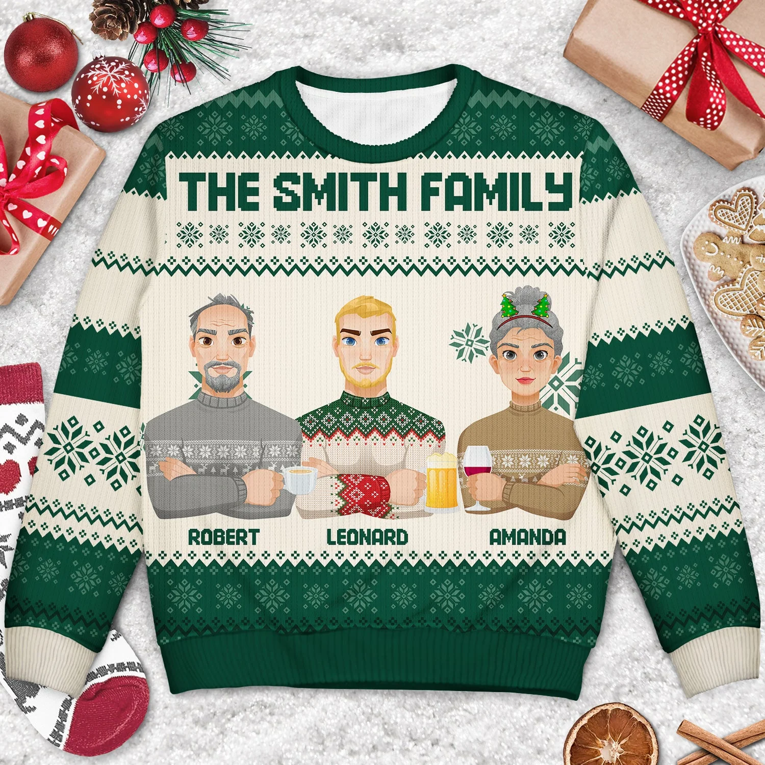 Flat Art - Christmas, Funny Gift For Family, Couple, Dad, Mom, Grandpa, Grandma - Personalized Unisex Ugly Sweater - Image 3