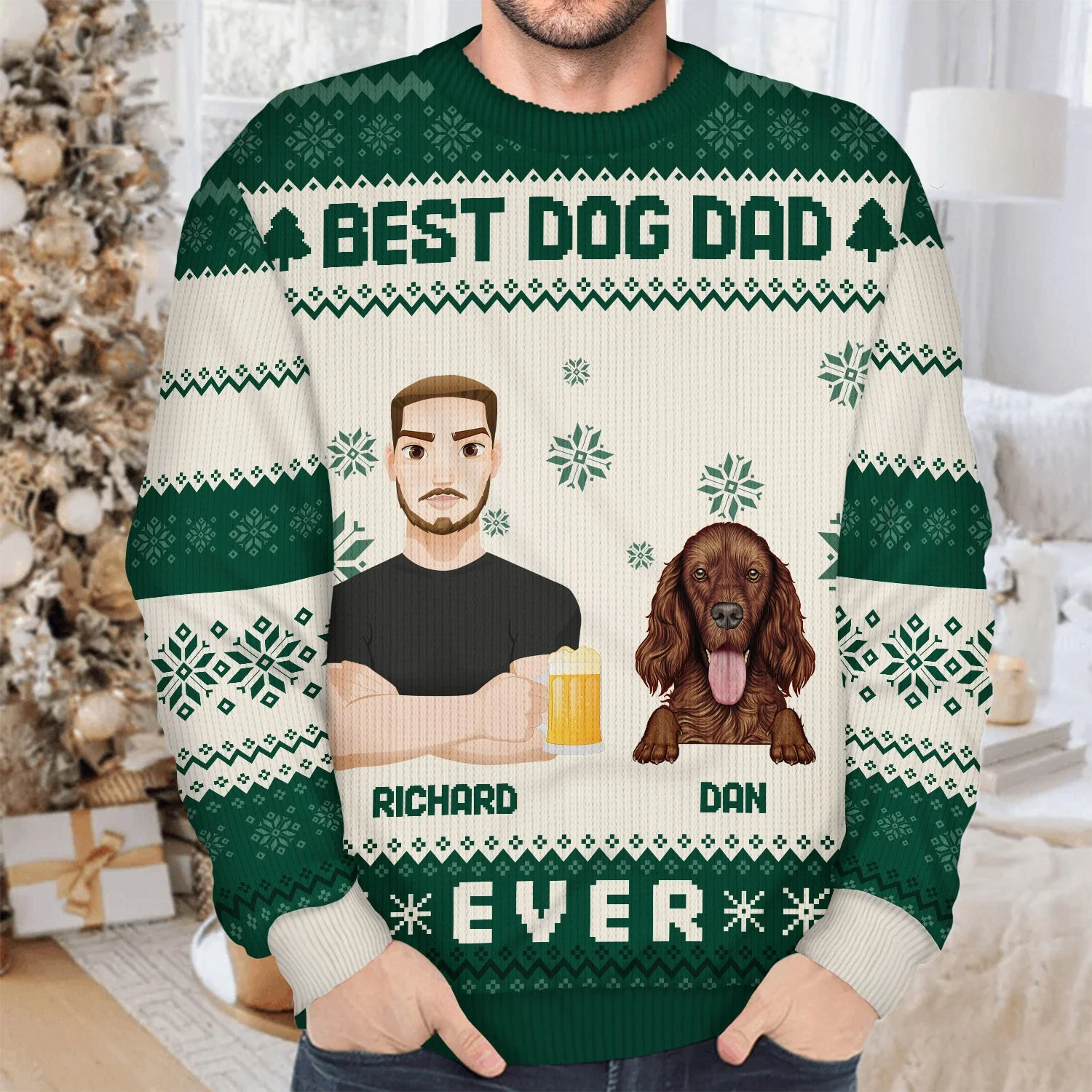 Flat Art Couple Or Single With Pets - Christmas Gift For Pet Lover, Cat Dad, Dog Mom - Personalized Unisex Ugly Sweater - Image 4