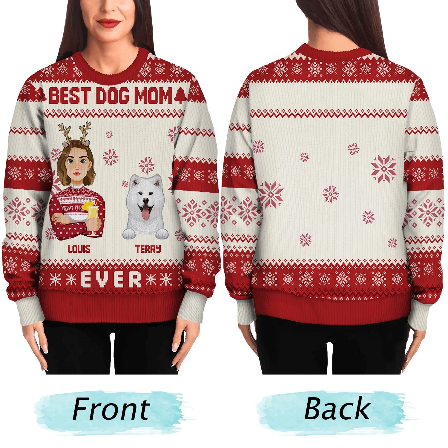 Flat Art Couple Or Single With Pets - Christmas Gift For Pet Lover, Cat Dad, Dog Mom - Personalized Unisex Ugly Sweater - Image 5