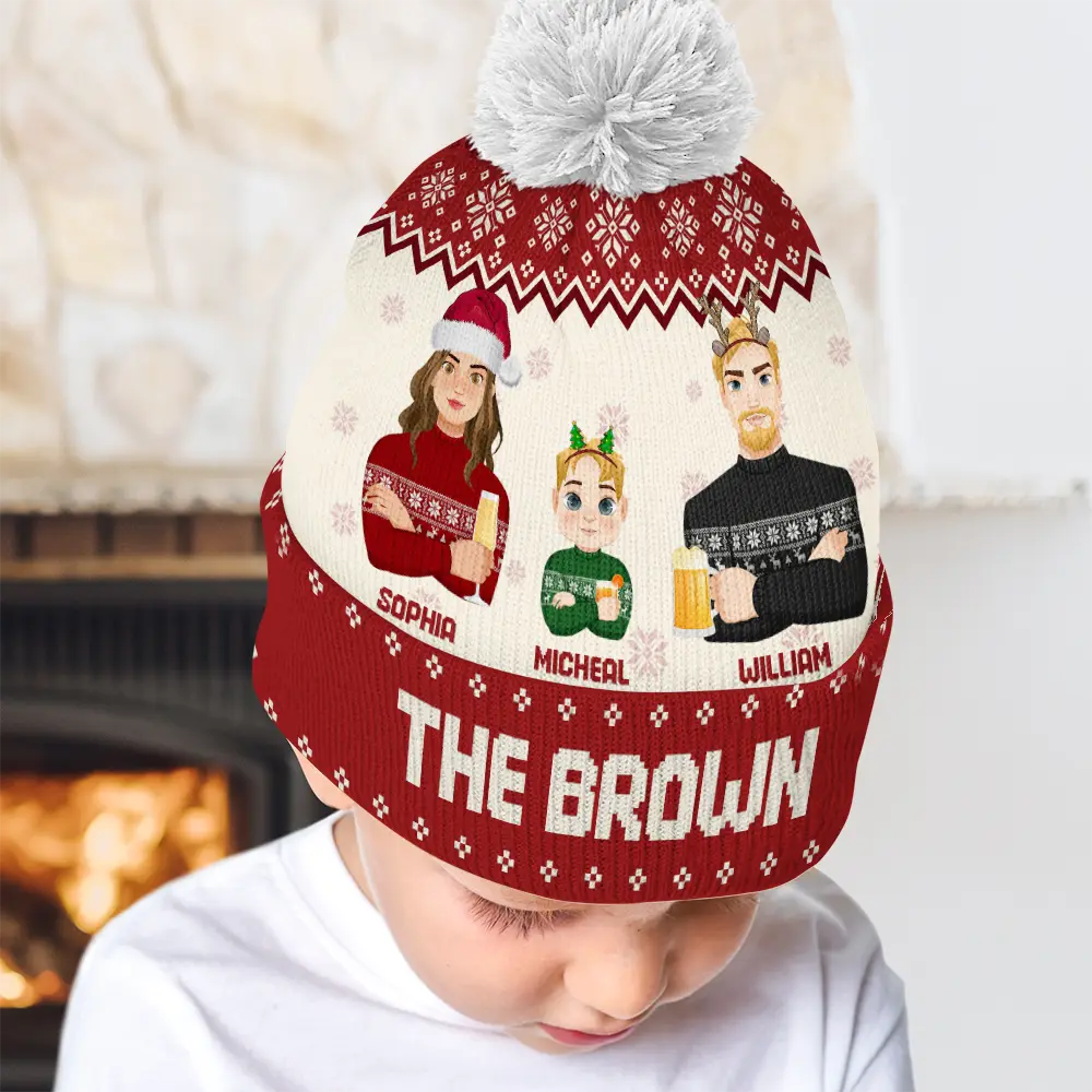 Flat Art Family Grandparents, Parents, Kids, Friends - Personalized Bobble Beanie Hat - Image 4