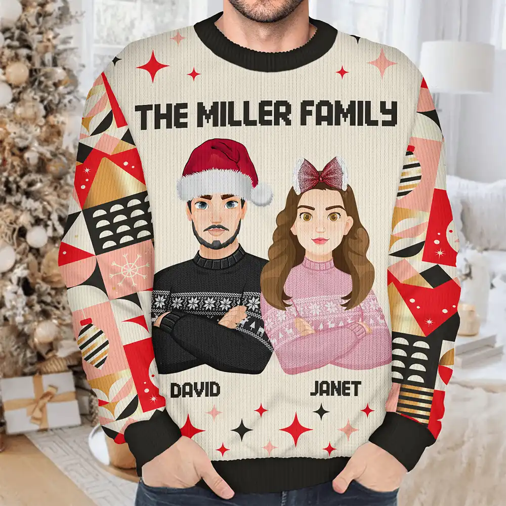 Flat Art Family Square Pattern Winter Christmas Tree - Personalized Unisex Ugly Sweater - Image 4