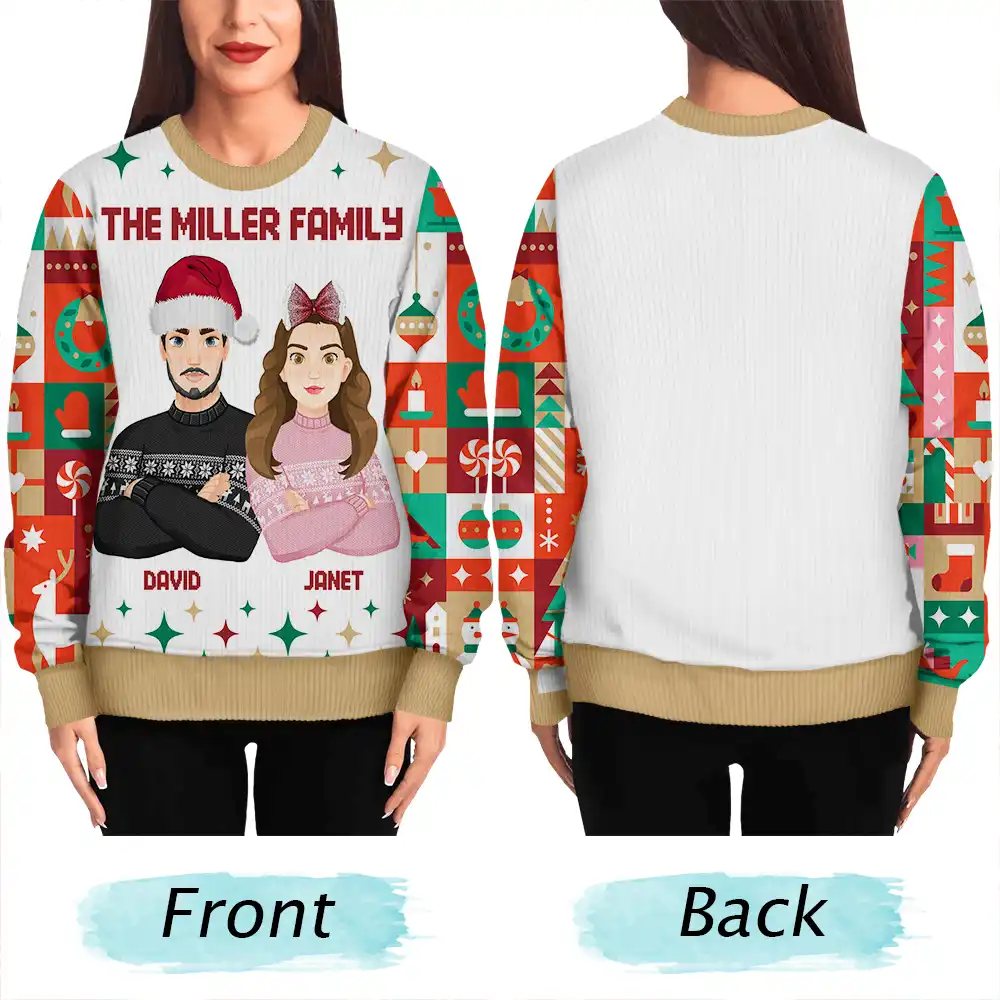 Flat Art Family Square Pattern Winter Christmas Tree - Personalized Unisex Ugly Sweater - Image 5