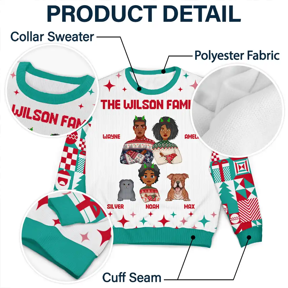 Flat Art Family Square Pattern Winter Christmas Tree - Personalized Unisex Ugly Sweater - Image 6