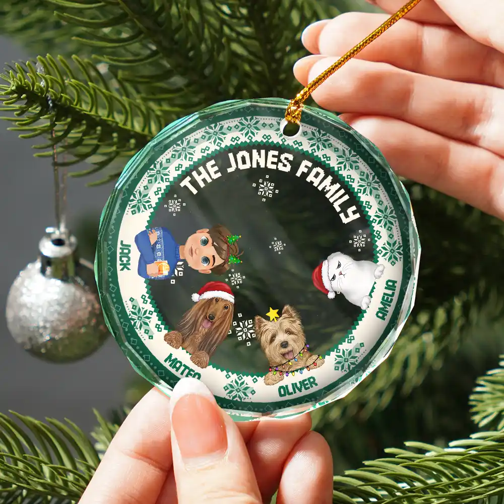 Flat Art Family Sweater Pattern - Personalized Circle Glass Ornament - Image 2