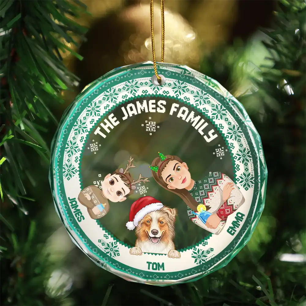 Flat Art Family Sweater Pattern - Personalized Circle Glass Ornament - Image 3