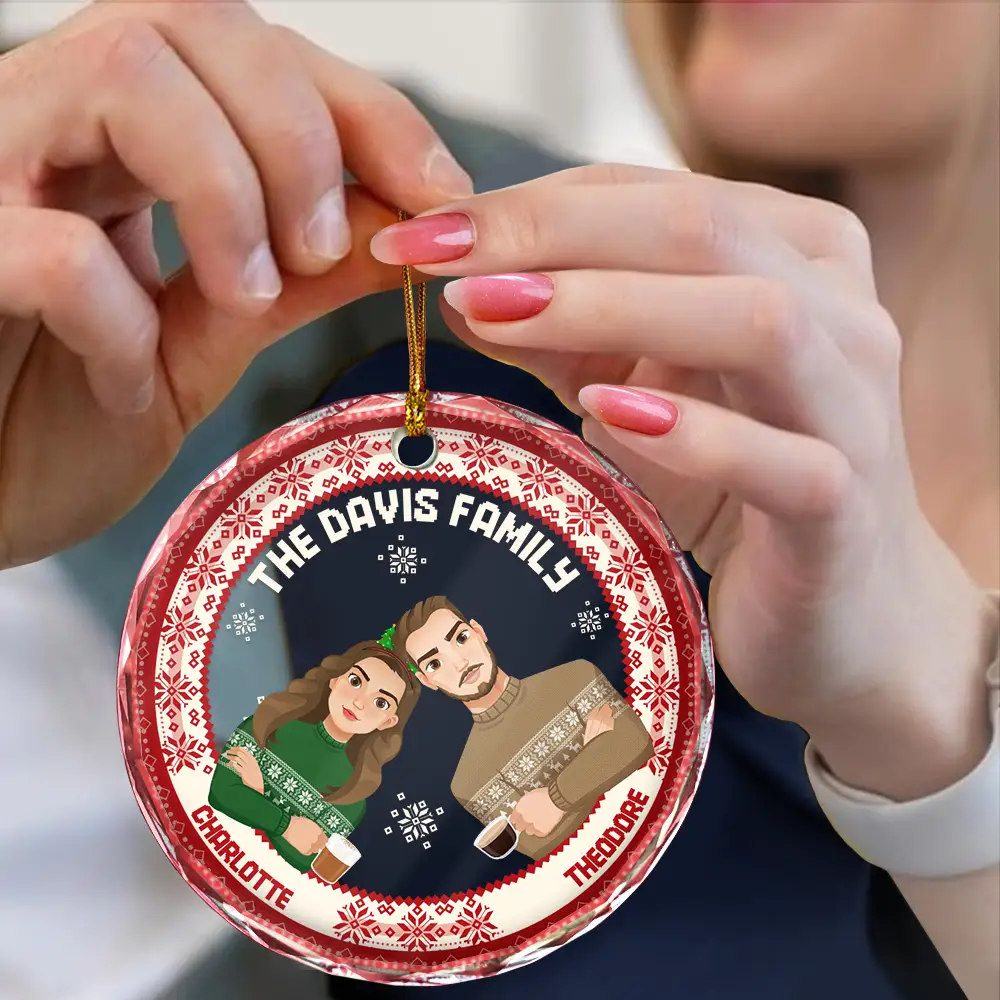 Flat Art Family Sweater Pattern - Personalized Circle Glass Ornament - Image 4