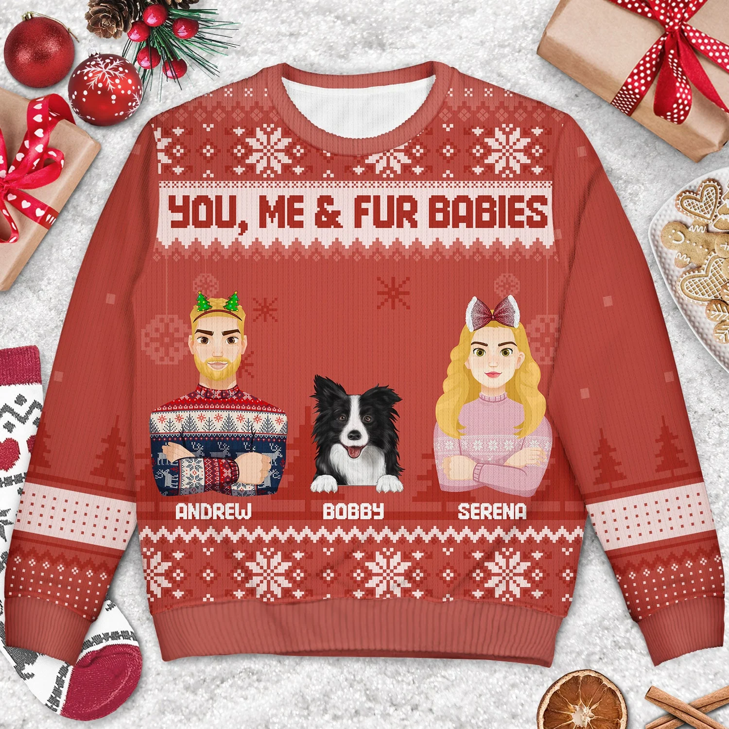Flat Art Version 2 Semi-real Pet - Christmas, Funny Gift For Family, Couple, Dad, Mom, Grandpa, Grandma - Personalized Unisex Ugly Sweater - Image 3