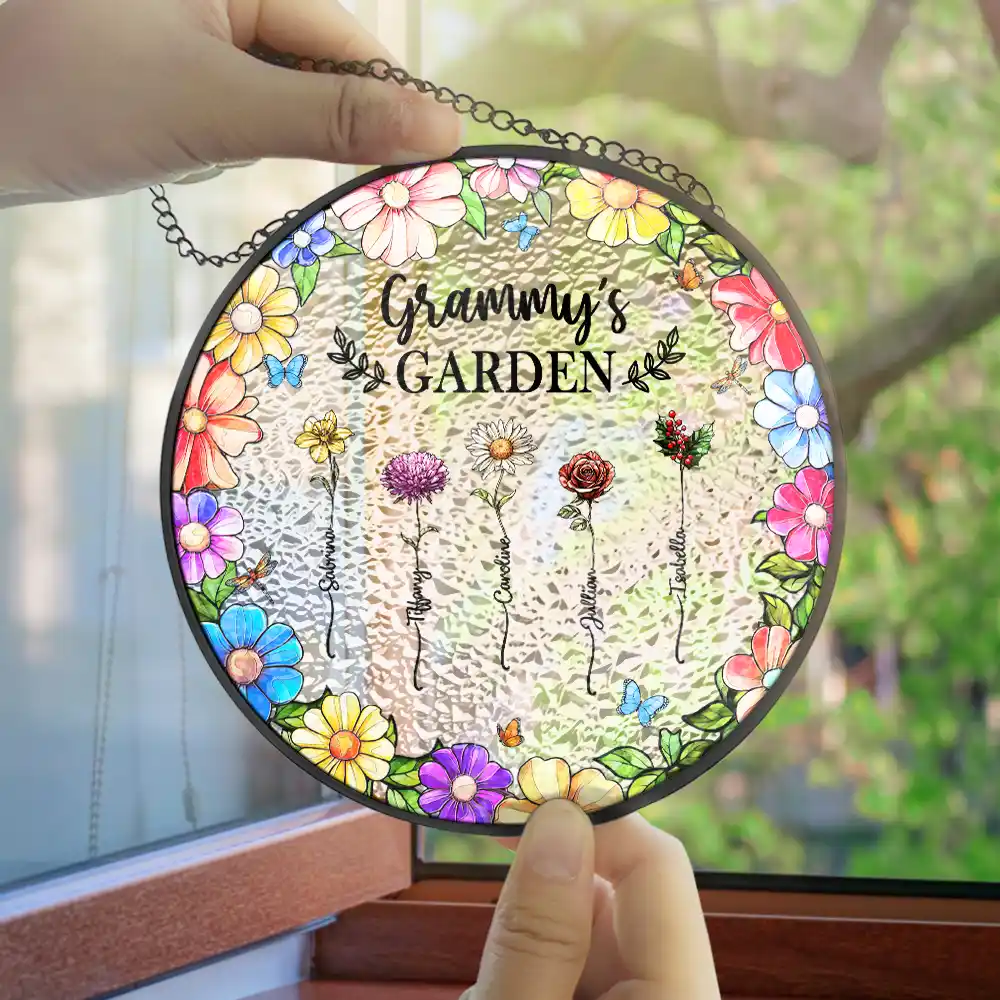 Floral Frame Birth Flower Grandma's Garden - Personalized Stained Glass Window Hanging Suncatcher - Image 4