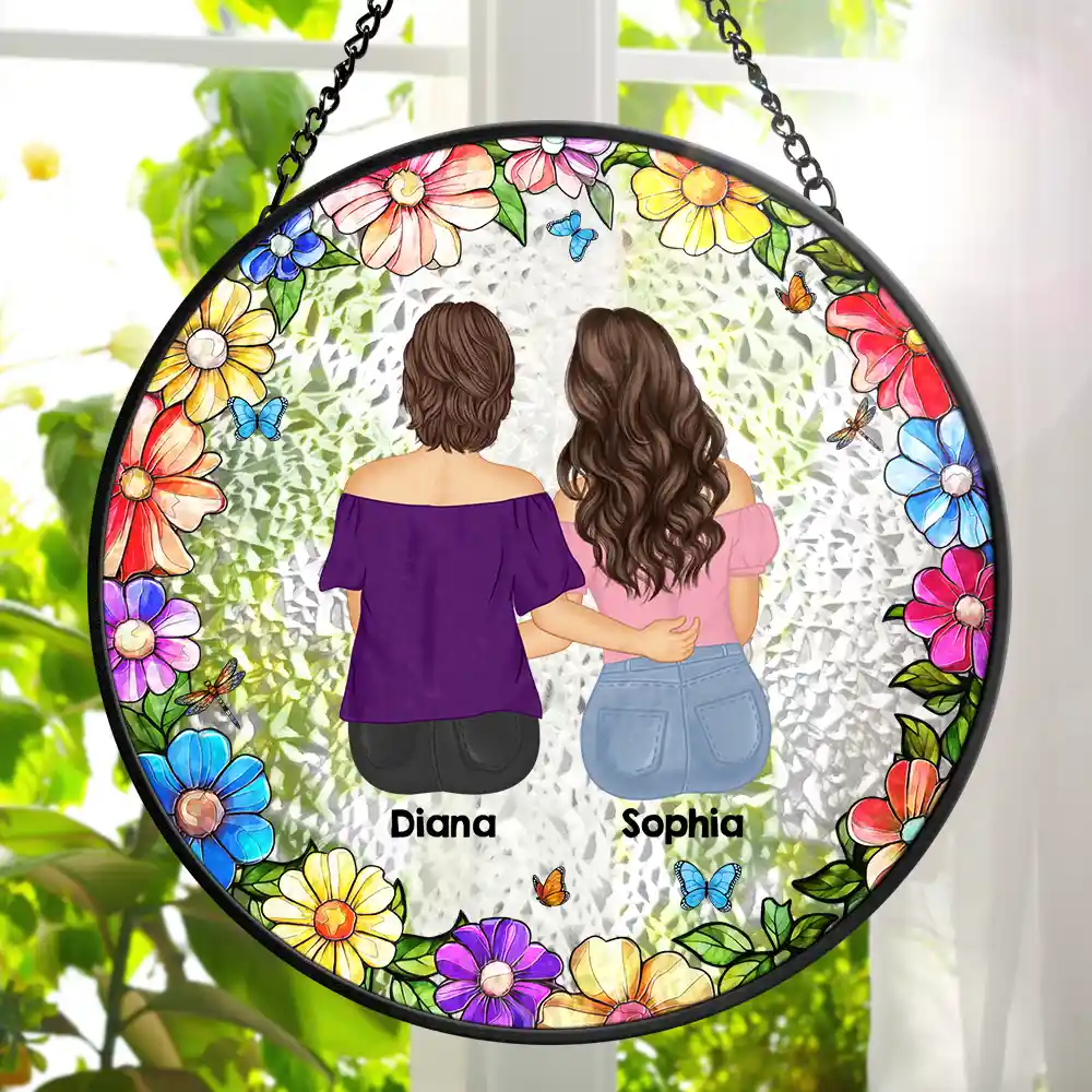 Floral Frame Grandma Mother And Children - Personalized Stained Glass Window Hanging Suncatcher - Image 2