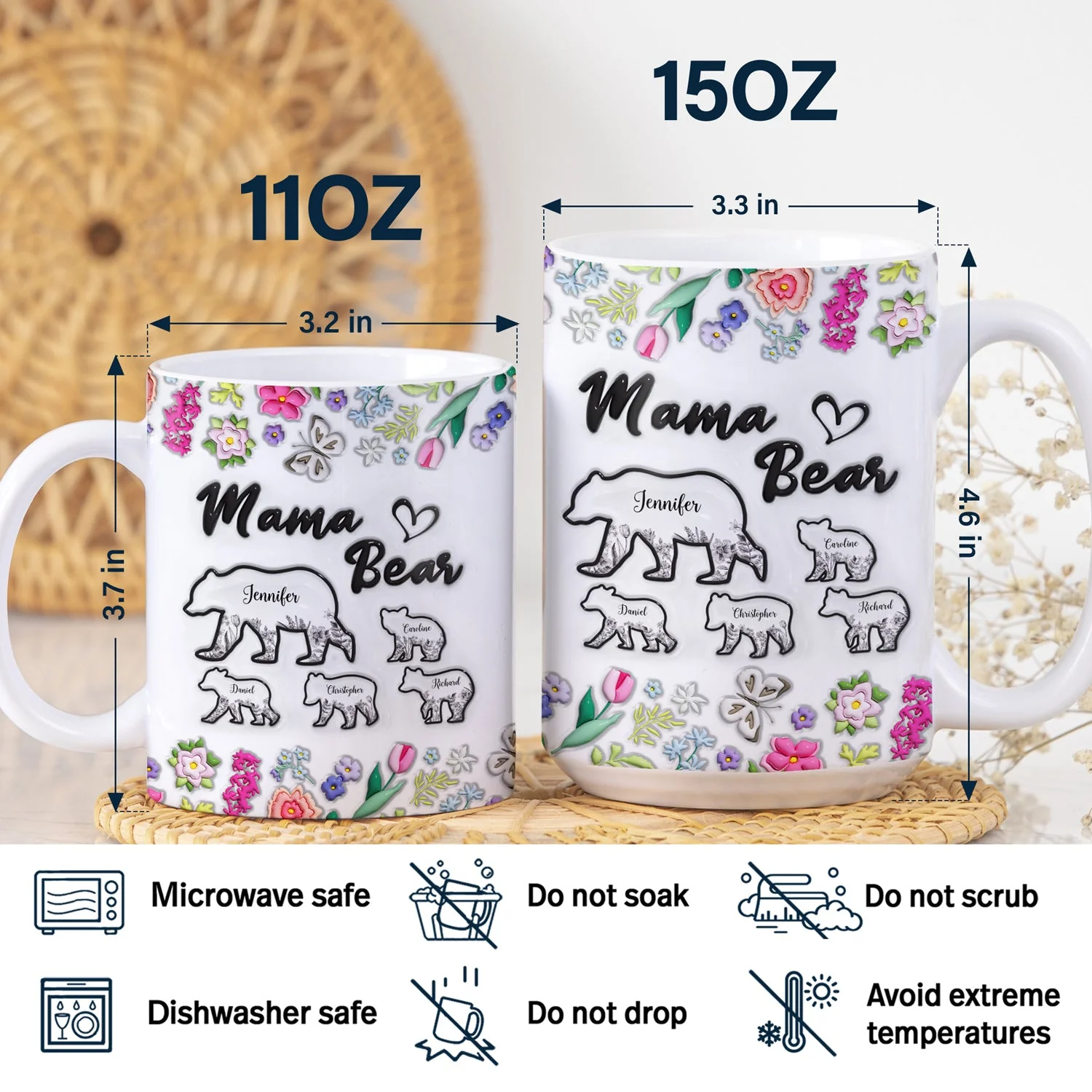 Floral Mama Bear - Gift For Mother - 3D Inflated Effect Printed Mug, Personalized White Edge-to-Edge Mug - Image 5