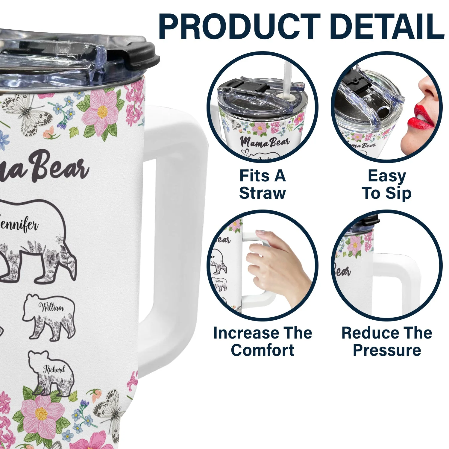 Floral Mama Bear - Gift For Mother - Personalized 40oz Tumbler With Straw - Image 5