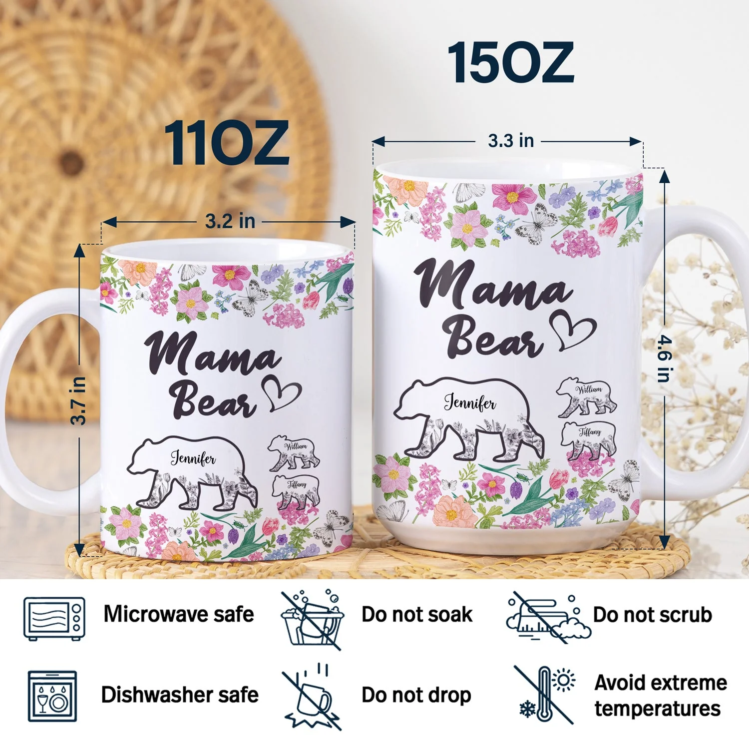 Floral Mama Bear - Gift For Mother - Personalized White Edge-to-Edge Mug - Image 5