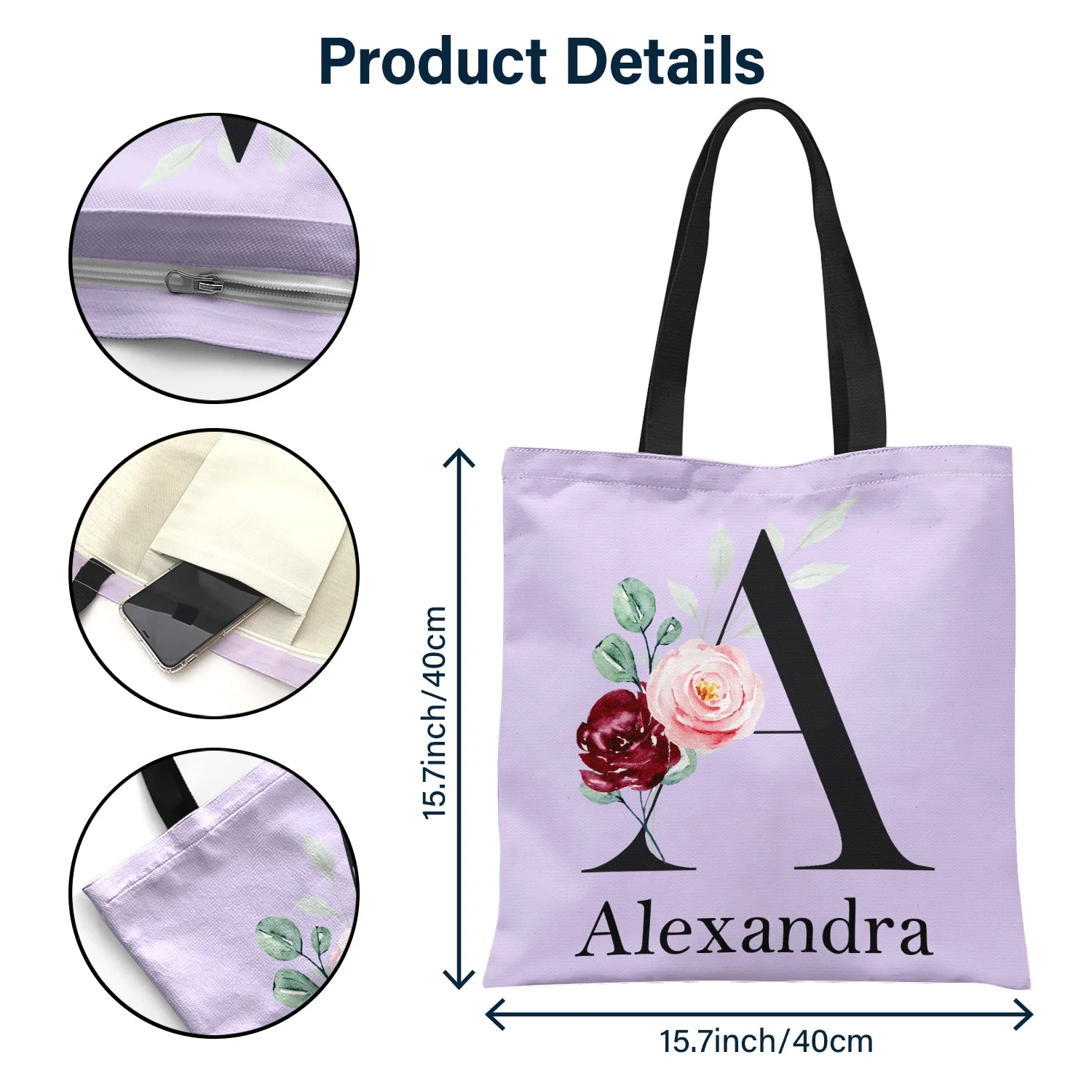 Floral Monogram Style 1 - Gift For Her - Personalized Zippered Canvas Bag - Image 5