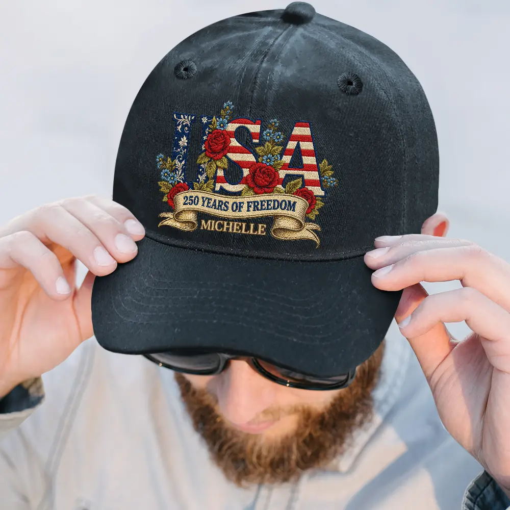 Floral USA 250th Anniversary - Personalized Vintage Washed Denim Cap - Image 2