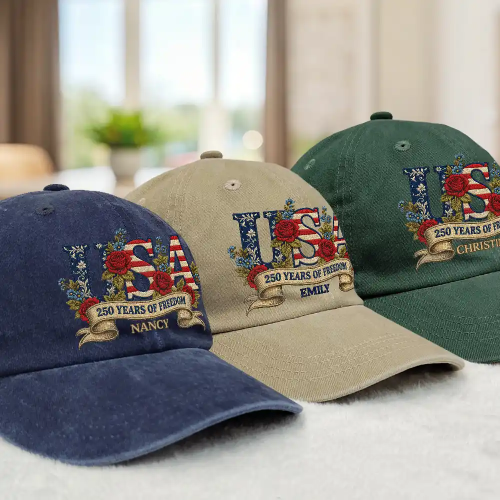 Floral USA 250th Anniversary - Personalized Vintage Washed Denim Cap - Image 3