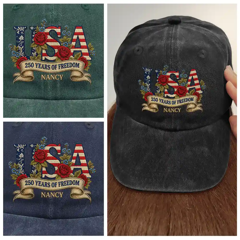 Floral USA 250th Anniversary - Personalized Vintage Washed Denim Cap - Image 4