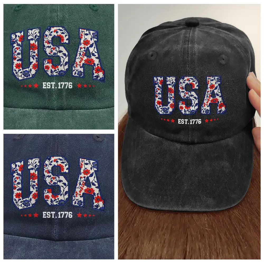 Floral USA - Vintage Washed Denim Cap - Image 4