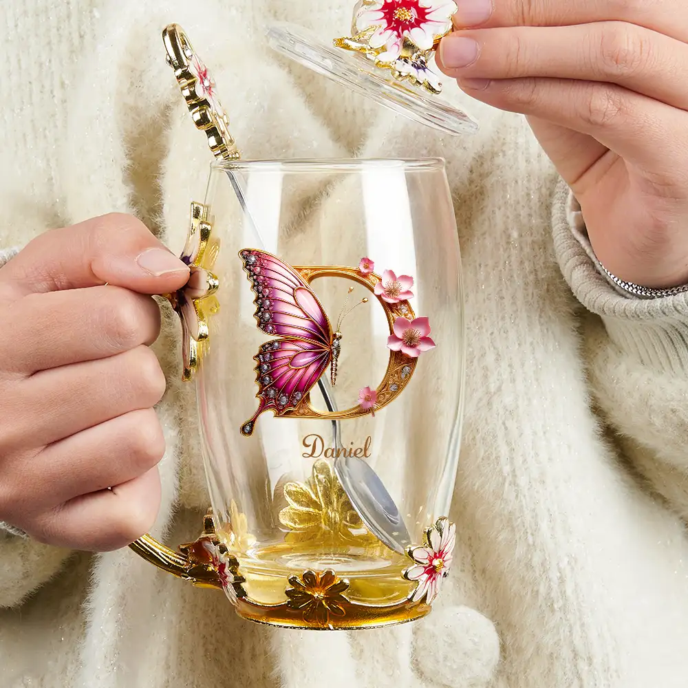 Flower Butterfly Monogram - Personalized Glass Flower Tea Cup - Image 3