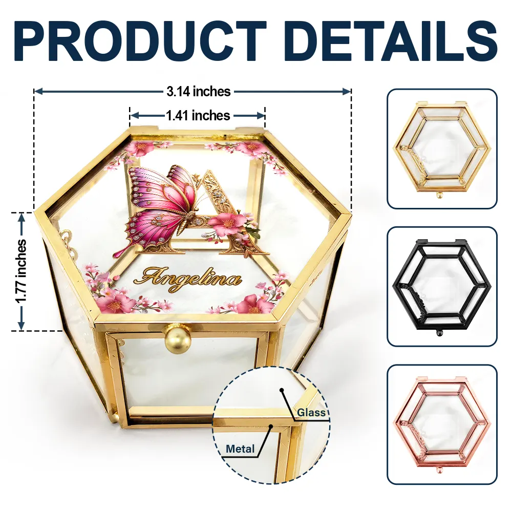 Flower Butterfly Monogram - Personalized Glass Jewelry Box - Image 6
