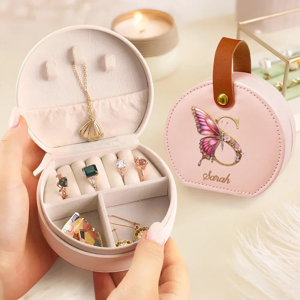 Flower Butterfly Monogram - Personalized Jewelry Box With Handle - Image 3