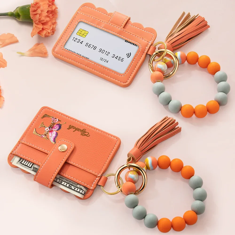 Flower Butterfly Monogram - Personalized Keychain Wristlet Leather Wallet - Image 3